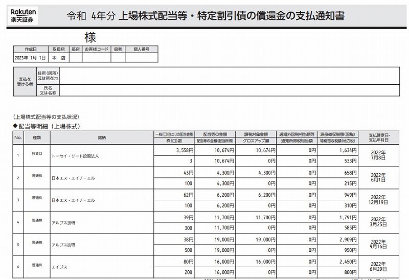 上場株式配当等・特定割引債の償還金の支払通知書